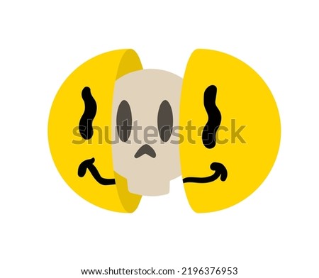 Acid smile face with skull. Retro symbol of rave and techno. Melted trippy character.