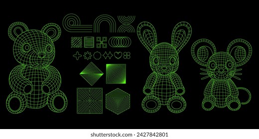 Acid Sticker Pack. Y2k grid wireframe neon bear, bunny, mouse with geometry shapes. Y2k retro futuristic aesthetic. Brutalist shapes for swiss minimal style design. 