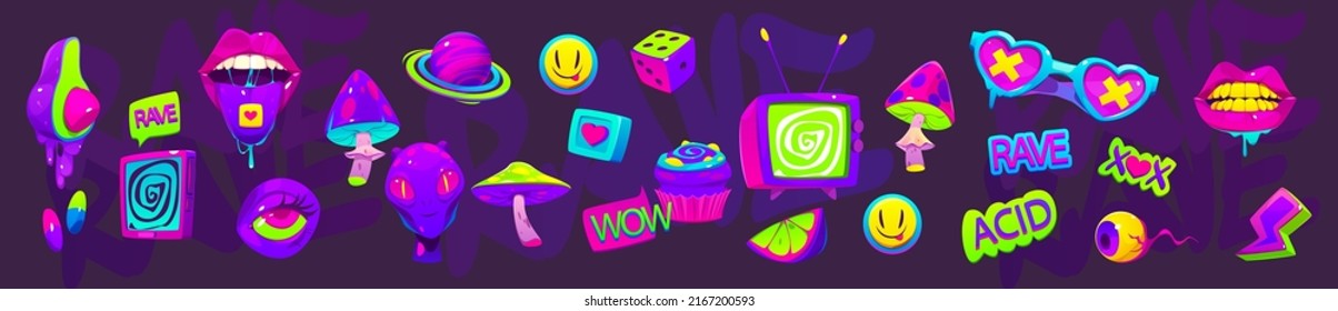 Acid Stickers With Aliens, Mushrooms And Tv. Psychedelic, Rave Design Of 60s And 70s. Vector Cartoon Set Of Weird And Crazy Hippie Icons Eyes, Martian Head, Mouth And Drugs