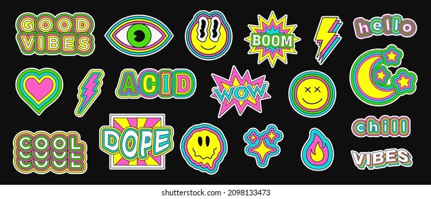 Acid Stickers Collection. Cool Trendy Smile Rave Patches. Set Of Colorful Abstract Hipster Pins.