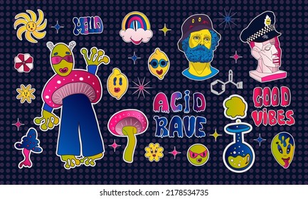 Acid stickers collection. Cool trendy smile rave patches. Set of psychedelic alien, sculpture, mushrooms, lemon, flower.