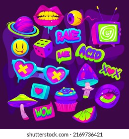 Acid Stickers With Eye Ball, Mushrooms And Mouth. Psychedelic, Rave Design Of 60s And 70s. Vector Cartoon Set Of Weird And Crazy Hippie Icons Dice And Eye Glasses, Mouth And Drugs