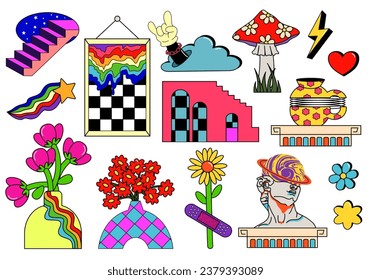 Acid Surreal psychedelic neon cartoon sticker pack. Set of 70s groovy element vector. Greek sculpture, surreal elements, modern statues, geometric shapes. Groovy flowers and vase, mushrooms