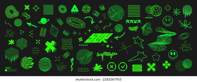 Acid toxic and retrofuturistic Y2K geometric shapes, icons, design elements. Retro wave in 00s, 90s, 80s. Vaporwave elements with glitch and liquid effect. Y2K shapes, icons, retro future. Vector set