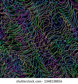 Acid trance pattern on dark. Colorful neon stereo effect fluid lines. Holiday disco texture. Bright saturated background on black. Vector abstract template.