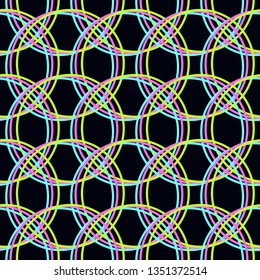Acid trance seamless pattern. Colorful neon stereo effect circles. Repeat holiday disk texture. Bright saturated background on black. Vector template.