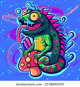 Acid trippy iguana with insane eyes surrounded by slime and sitting on a mushroom. Psychedelic neon lizard clipart with liquid.