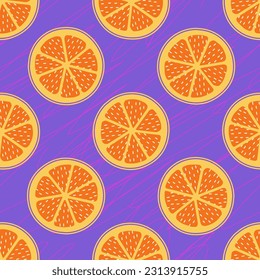 Acid violet seamless pattern with orange slice. Hippie psychedelic citrus texture. Scratched texture vector design. Great for textile, fabric, stationery, wallpapers and wrapping