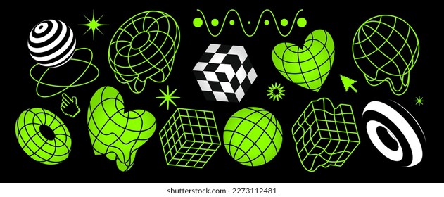 Acid wireframe rave and dripping geometry shapes. Psychedelic vibrant green and black colors.Y2k, 2000s retro futuristic aesthetic. Rave 3D grid elements, cubes, sphere, weird checkered elements.