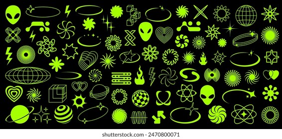 Acid Y2K abstract geometric shapes and figures. 60s simple signs, 90s trendy shapes or line design vector elements set. Brutalism minimal forms with green alien face, star, globe, heart and lightning