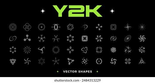 Acid Y2K style elements set. Trendy retro futuristic geometric shapes. Y2K elements for streetwear, graphic design, social media, album covers, tattoo, techno rave party. Y2K aesthetics. Vector