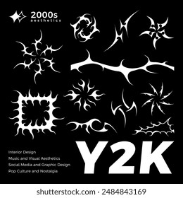 Acid Y2K style elements set. Sharp geometric shapes. Y2K keen elements for streetwear, graphic design, social media, album covers, tattoo, techno rave party. Y2K aesthetics. Vector