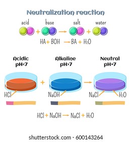 Acid-base, neutralization reaction of hydrochloric acid and sodium hydroxide. Types of chemical reactions, part 6 of 7. Educational chemistry for kids. Cartoon vector illustration in flat style. 