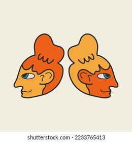 Acid-bright poster, two female heads. Design and print for t-shirts, bags, posters, invitations, cards, etc. Vector hand drawn illustration.