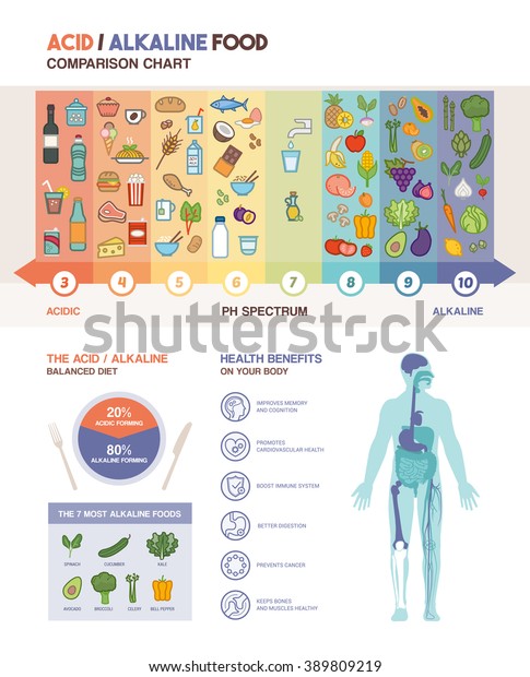 The acidic\
alkaline diet food chart infographics with food icons on a ph scale\
and body with health benefits\
icons