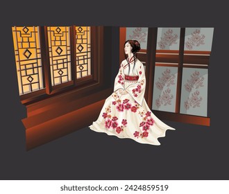 Acient Chinese girl sitting by window