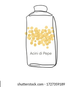  Acini di pepe. Pasta in a jar simple linear drawing. Line art. Italian cuisine, pasta. Vector Illustration. Realistic dry macaroni, for cards, posters, design, logo, for printed matter.