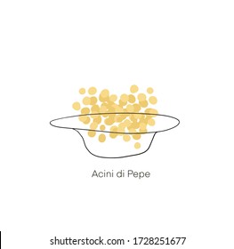 Acini di pepe pasta. on plate.  Delicious Italian spaghetti logo label. Pasta noodle restaurant concept. Modern one line draw design vector illustration for cafe, shop or food delivery service.