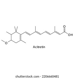 Acitretin molecule flat skeletal structure, 2nd generation retinoid used in acne, psoriasis Vector illustration on white background.