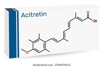 Acitretin molecule. It is retinoid used in the treatment of psoriasis. Skeletal chemical formula. Paper packaging for drugs. Vector illustration