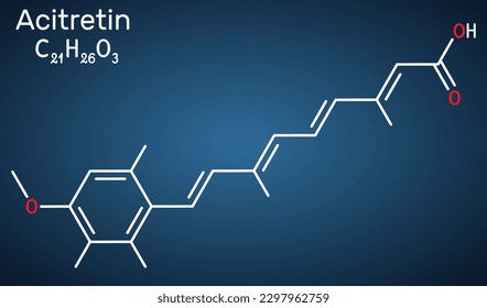 Acitretin molecule. It is retinoid used in the treatment of psoriasis. Structural chemical formula on the dark blue background. Vector illustration