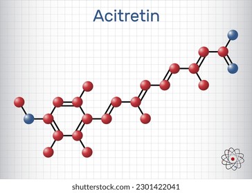 Acitretin molecule. It is retinoid used in the treatment of psoriasis. Structural chemical formula and molecule model. Sheet of paper in a cage. Vector illustration