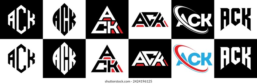 ACK letter logo design in six style. ACK polygon, circle, triangle, hexagon, flat and simple style with black and white color variation letter logo set in one artboard. ACK minimalist and classic logo
