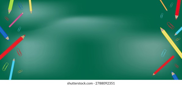 ack to School background with place for text. Horizontal banner for web design. Collection of school supplies in a bright flat style. Educational concept. Copy space, mockup, overhead,