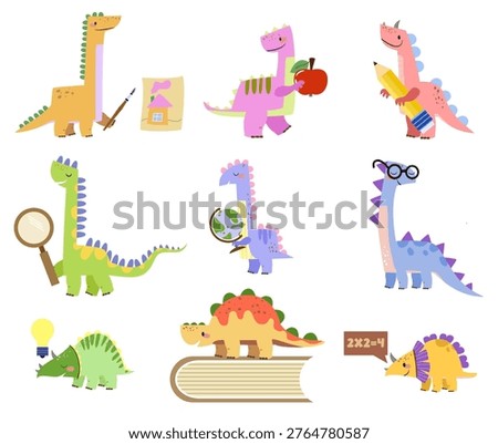 ack to School Dinosaurs Clipart Set: Hand-Drawn Educational Characters for Kids, Kindergarten, First Day of School, Teacher Resources, and Children's Birthday Party Decor.