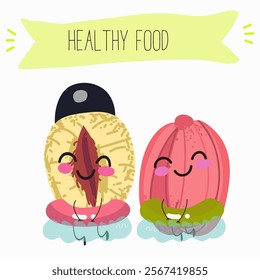 Ackee (Blighia sapida), or achee, medicinal plant, funny fruit cute cheerful characters. Vector hand drawn illistration.