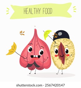 Ackee (Blighia sapida), or achee, medicinal plant, funny fruit cute cheerful characters. Vector hand drawn illistration.