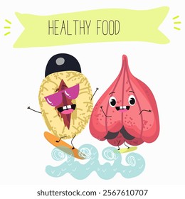 Ackee (Blighia sapida), or achee, medicinal plant, funny fruit cute cheerful characters. Vector hand drawn illistration.