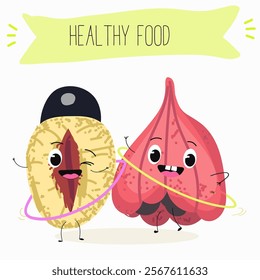 Ackee (Blighia sapida), or achee, medicinal plant, funny fruit cute cheerful characters. Vector hand drawn illistration.