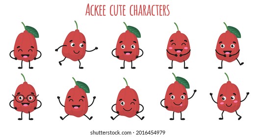 Ackee fruit cute funny cheerful characters with different poses and emotions.