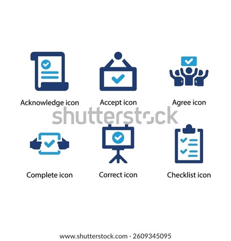 Acknowledge, Accept, Agree, Complete, Correct, Checklist, Blue Icon Set