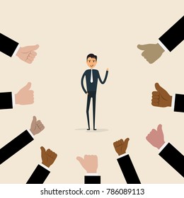 Acknowledgement and Business compliment concept.Success and Achievement concept.Proud businessman icon with many thumbs up hands on background.Cartoon character.Successful businessman with many thumbs