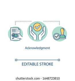 Acknowledgement concept icon. Notary service. Seal deal on document. Approve certificate. Common law idea thin line illustration. Vector isolated outline RGB color drawing. Editable stroke