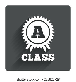 A-class award icon. Premium level symbol. Energy efficiency sign. Gray flat square button with shadow. Modern UI website navigation. Vector