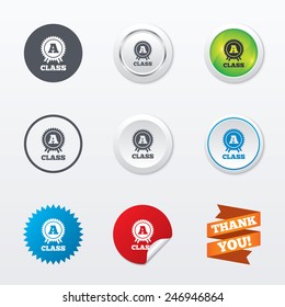 A-class award icon. Premium level symbol. Energy efficiency sign. Circle concept buttons. Metal edging. Star and label sticker. Vector