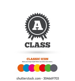 A-class award icon. Premium level symbol. Energy efficiency sign. Classic flat icon. Colored circles. Vector