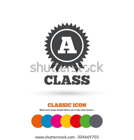A-class award icon. Premium level symbol. Energy efficiency sign. Classic flat icon. Colored circles. Vector