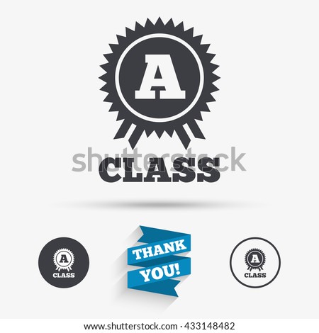 A-class award icon. Premium level symbol. Energy efficiency sign. Flat icons. Buttons with icons. Thank you ribbon. Vector