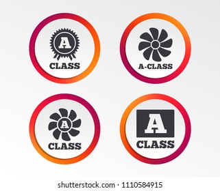 A-class award icon. A-class ventilation sign. Premium level symbols. Infographic design buttons. Circle templates. Vector