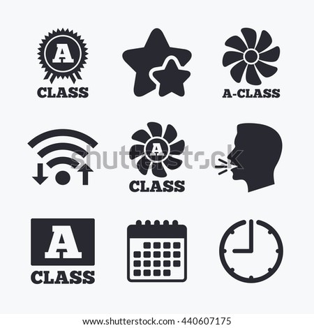 A-class award icon. A-class ventilation sign. Premium level symbols. Wifi internet, favorite stars, calendar and clock. Talking head. Vector