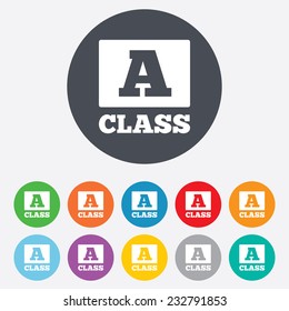 A-class icon. Premium level symbol. Energy efficiency sign. Round colourful 11 buttons. Vector