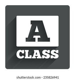 A-class icon. Premium level symbol. Energy efficiency sign. Gray flat square button with shadow. Modern UI website navigation. Vector