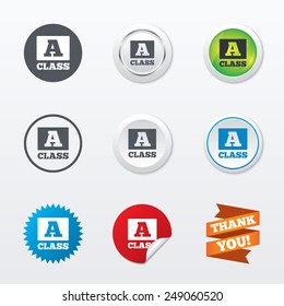 A-class icon. Premium level symbol. Energy efficiency sign. Circle concept buttons. Metal edging. Star and label sticker. Vector