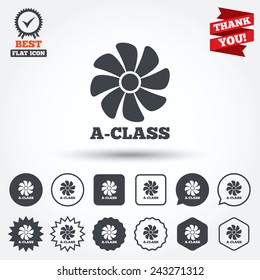 A-class ventilation icon. Energy efficiency sign symbol. Circle, star, speech bubble and square buttons. Award medal with check mark. Thank you ribbon. Vector