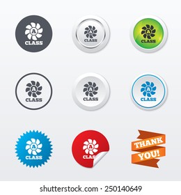 A-class ventilation icon. Energy efficiency sign symbol. Circle concept buttons. Metal edging. Star and label sticker. Vector
