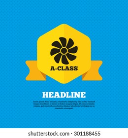 A-class ventilation icon. Energy efficiency sign symbol. Yellow label tag. Circles seamless pattern on back. Vector